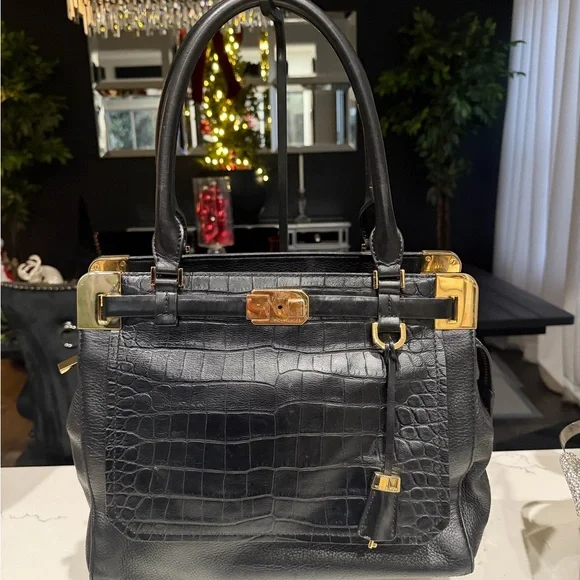 Michael Kors Collection Black Crocodile-Embossed Satchel - Picture 2 of 12